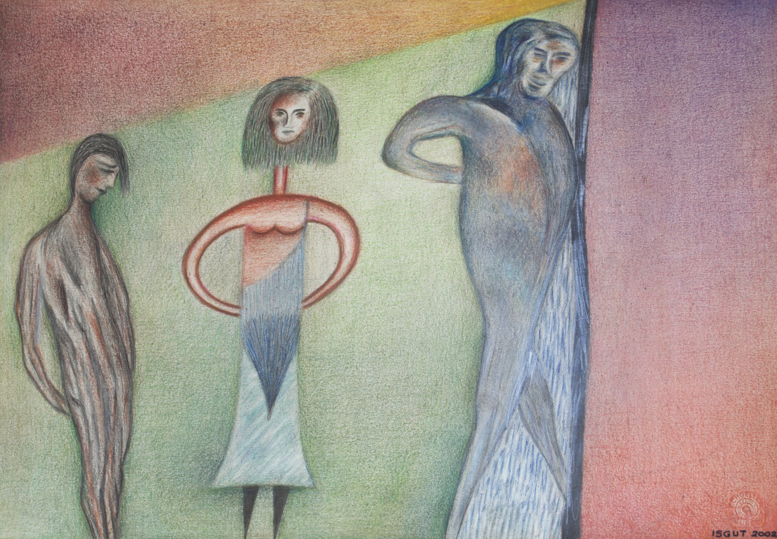 A colorful, abstract drawing featuring three female figures with elongated features, set against a multicolored background with shades of pink, green, blue, and orange.