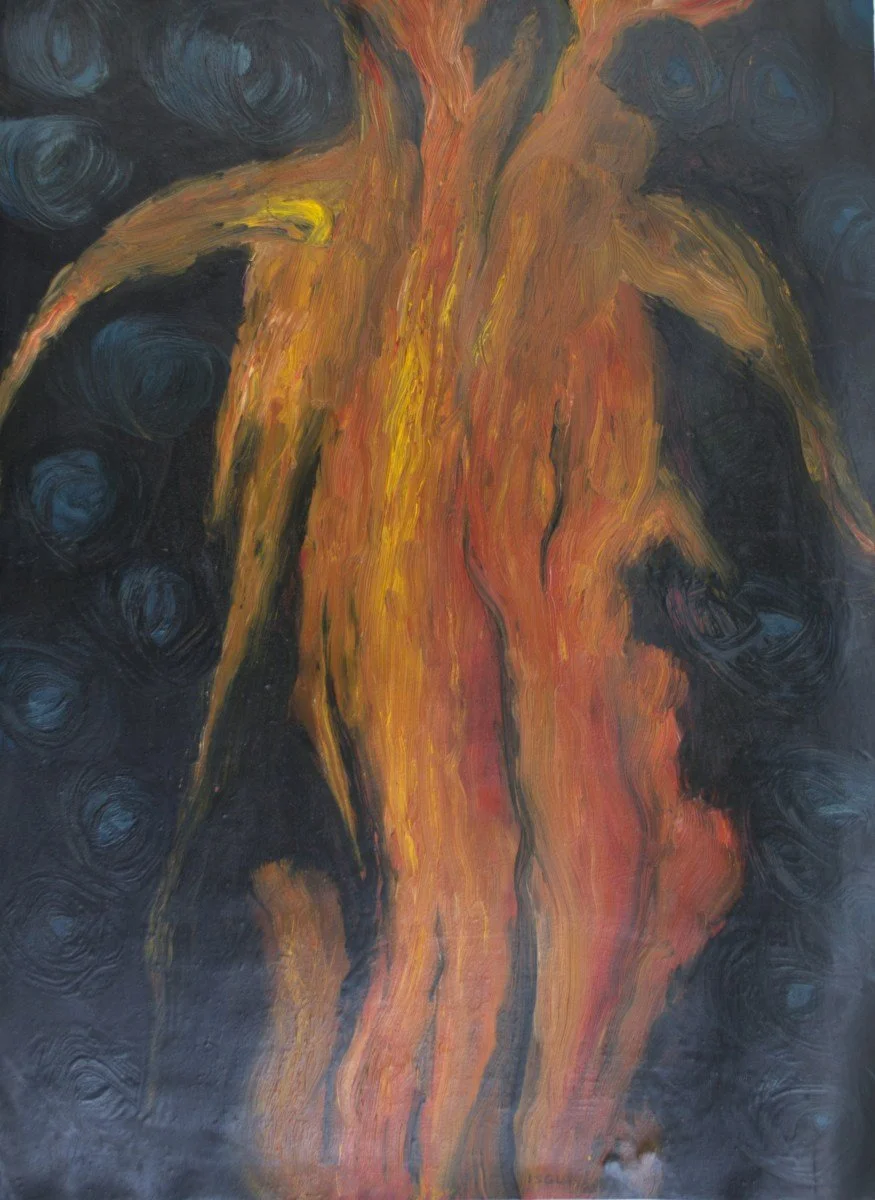 An abstract painting featuring a blend of warm orange, yellow, and red colors resembling a figure or shape against a dark background with swirling blue and black patterns.