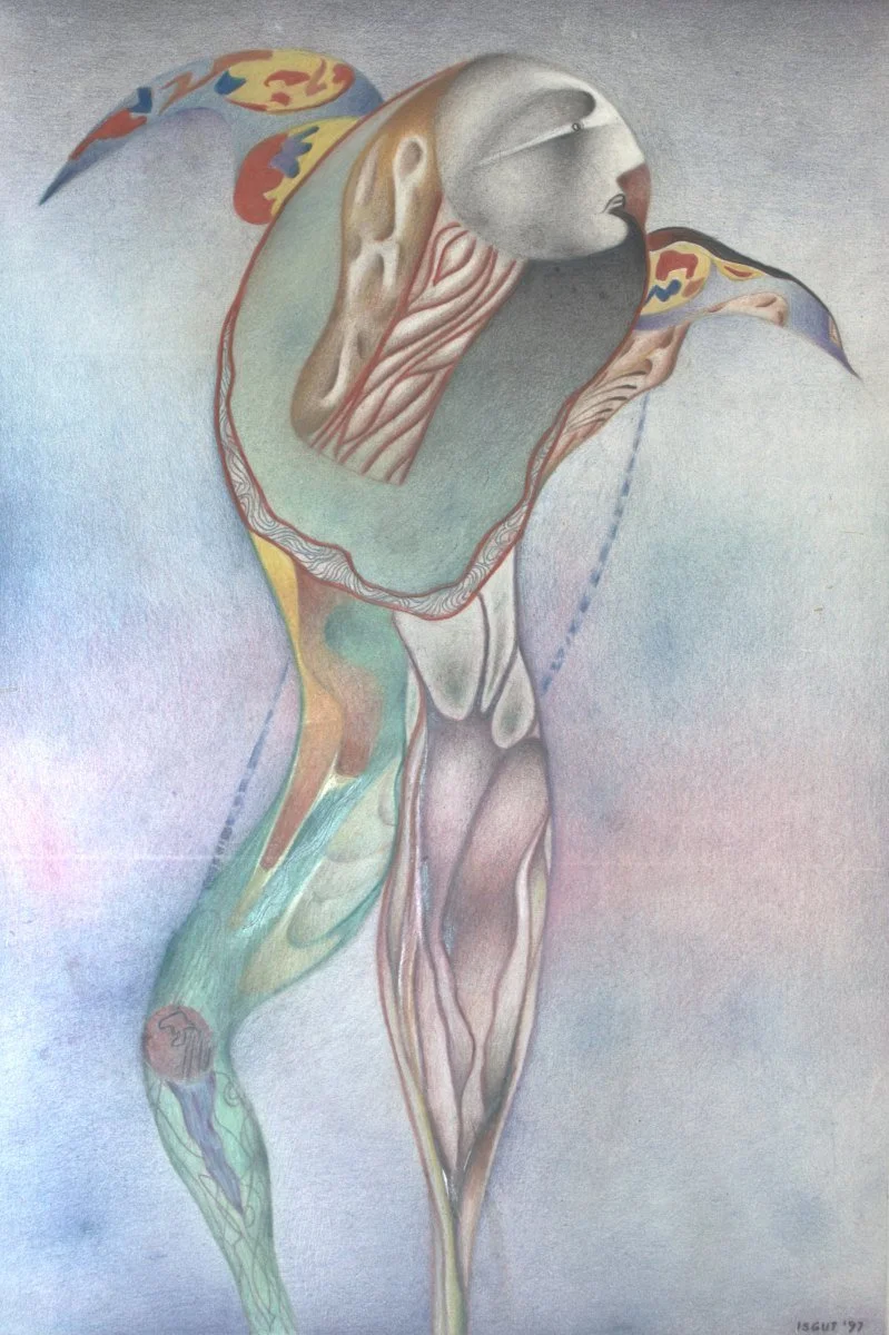 A surreal painting of a human figure with a large head and elongated limbs, blending anatomical elements with abstract features and colorful patterns.