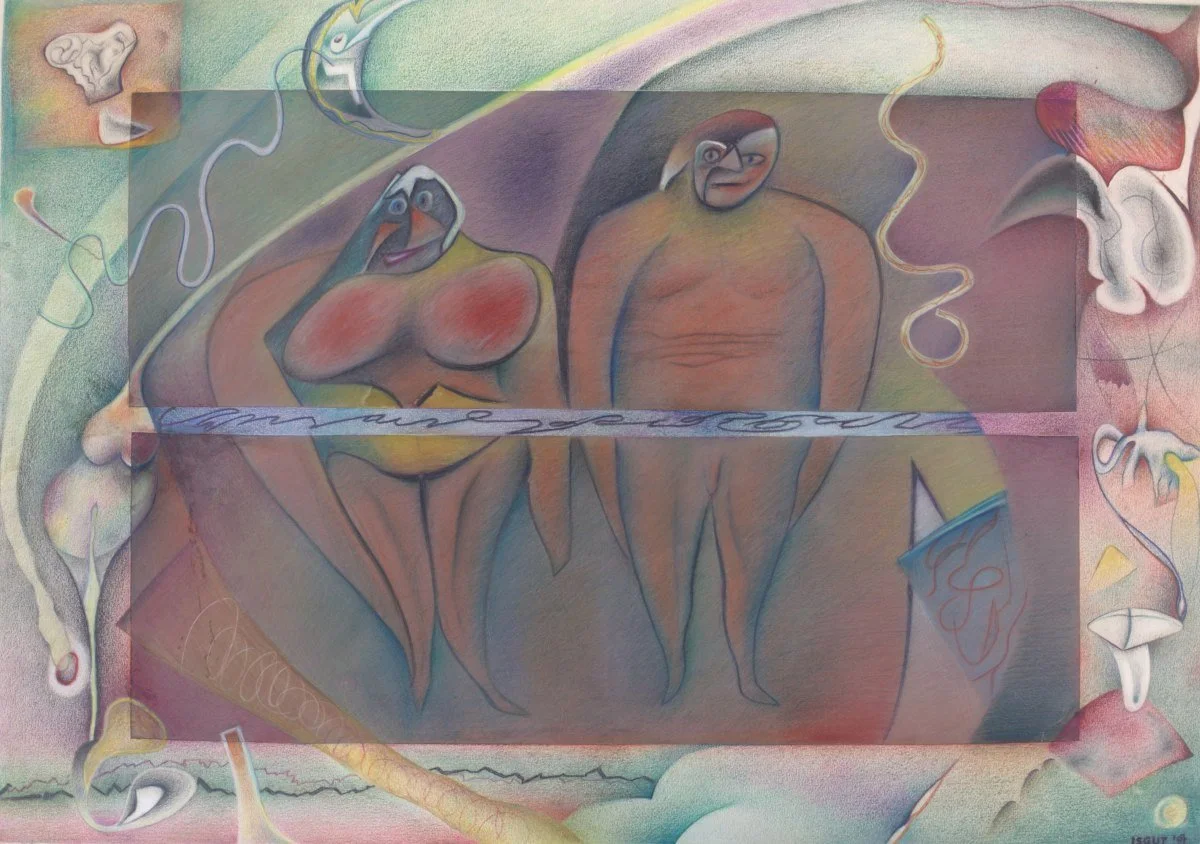 Abstract painting of a woman and man with exaggerated features and distorted bodies, surrounded by swirling patterns and shapes.