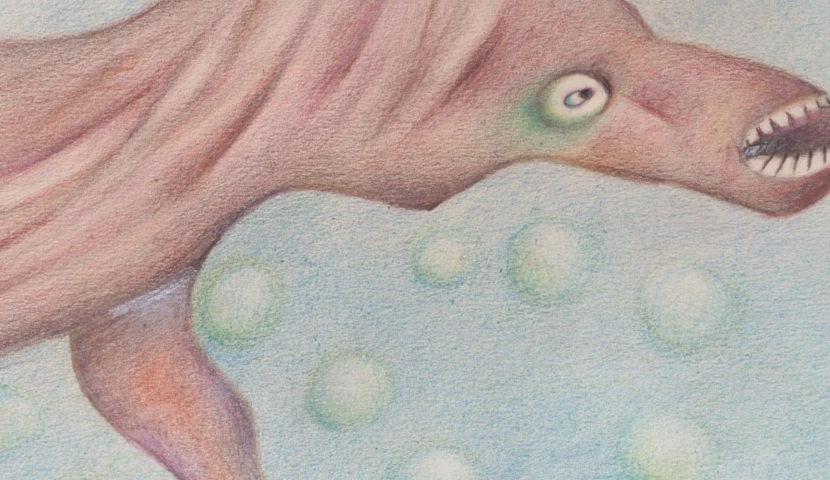 A surreal drawing of a creature with parts of a horse's body and a face with sharp teeth, surrounded by bubbles.