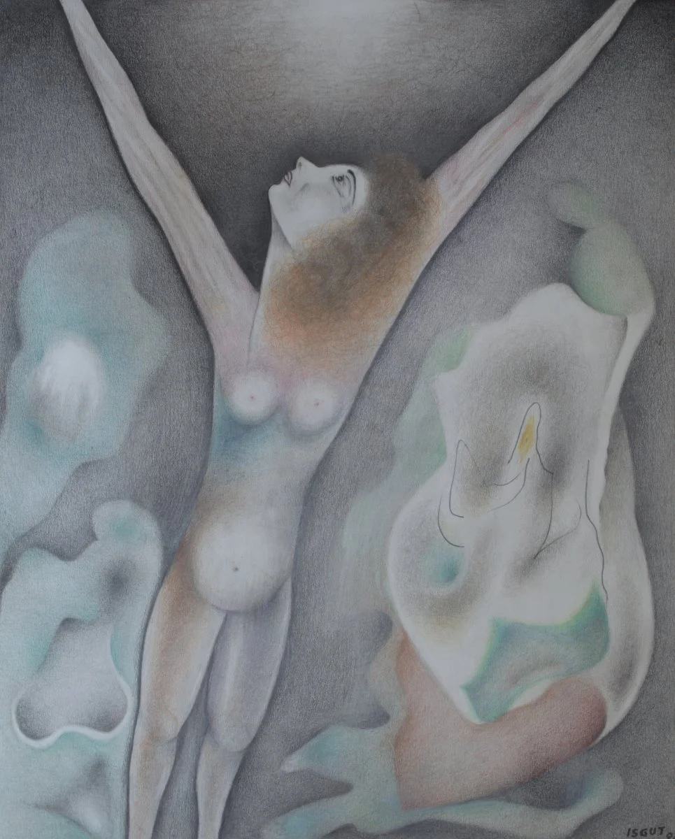 A drawing of a woman with brown hair, depicted in a stylized manner, with her arms raised above her head, and surrounded by abstract shapes and colors.