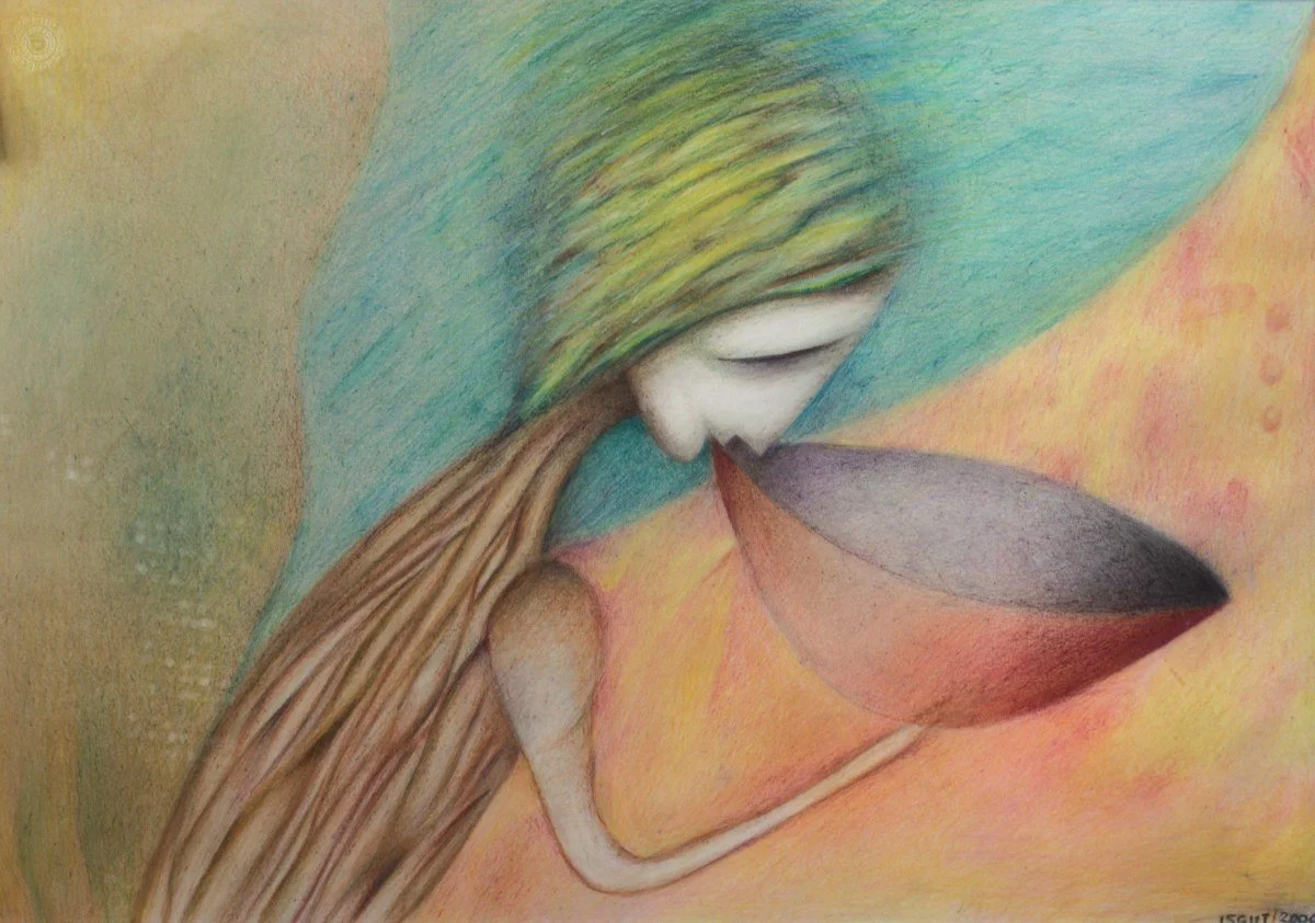 A colored pencil drawing of a woman holding two autumn leaves, with her eyes closed and her face touching one of the leaves.