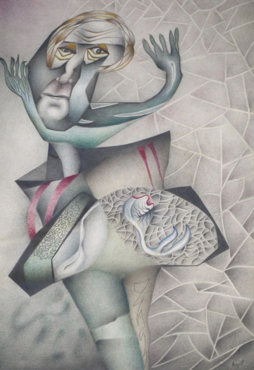 A surreal painting of a distorted human figure with a large head and elongated limbs. The figure's face has exaggerated features and hair, with eyes looking sideways. The figure's body appears hollow with visible internal organs, including the brain and some blood vessels, depicted in an abstract, geometric style. The background features a web-like pattern.