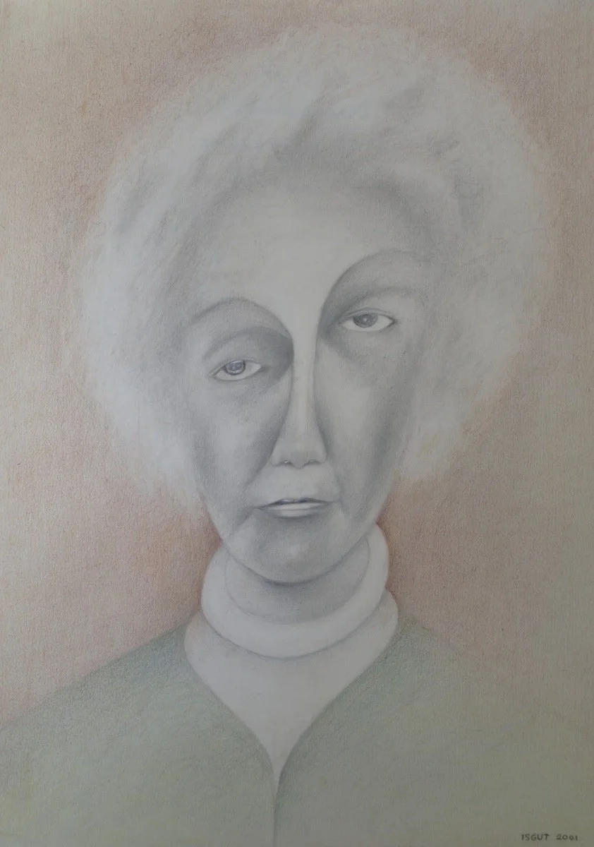 A drawing of a woman with a large, fluffy hairstyle, wearing a high-collared top and looking at the viewer with a serious expression.