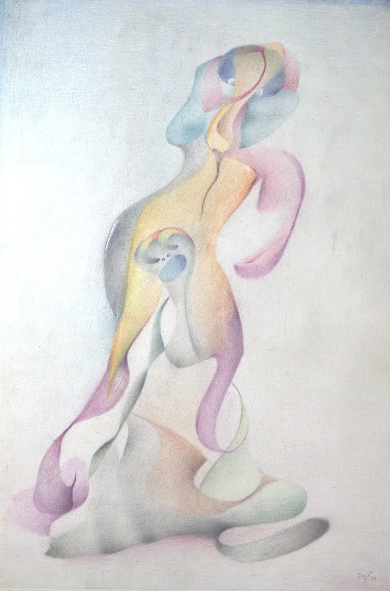 An abstract watercolor painting featuring flowing, intertwined shapes in pastel colors like pink, yellow, purple, blue, and green on a light background.