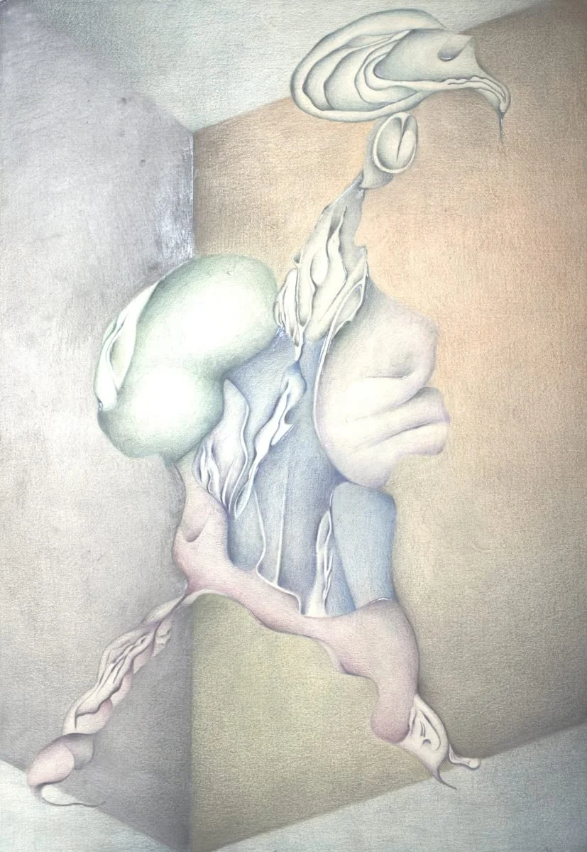 Abstract surrealist painting of a figure with a bird's head and a humanoid body, blending organic shapes and muted pastel colors.