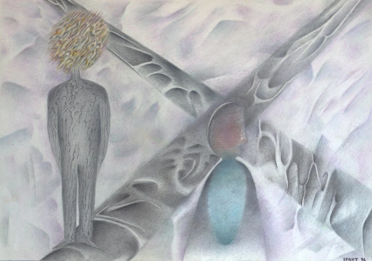 An abstract painting featuring a humanoid figure with a textured, wood-like body and a spherical, multicolored head, standing beside a large, vertical, organic shape. The background consists of soft, swirling shades of gray, purple, and white, with elongated, curved forms and geometric shapes creating a surreal atmosphere.