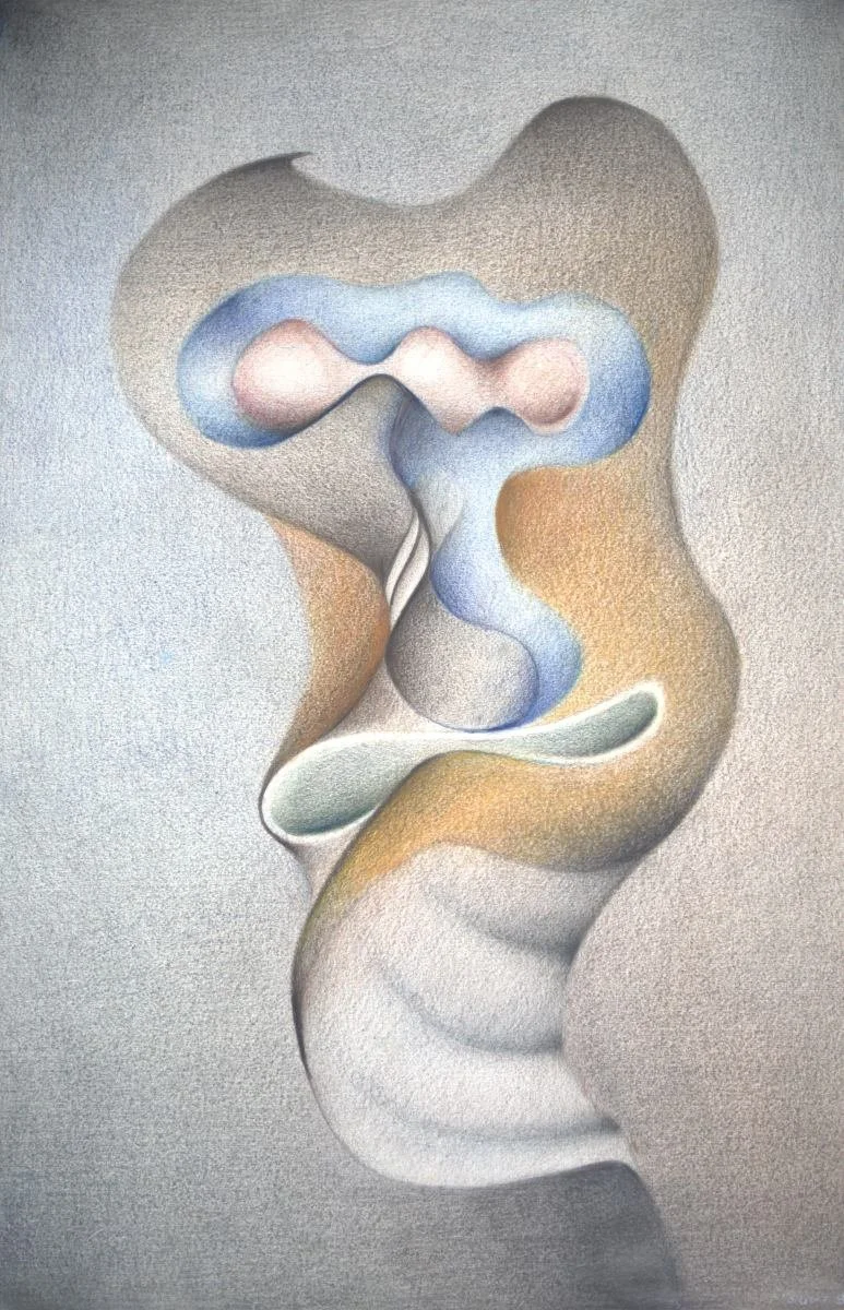 Abstract painting with flowing shapes and soft pastel colors, resembling a stylized human face or figure in profile.