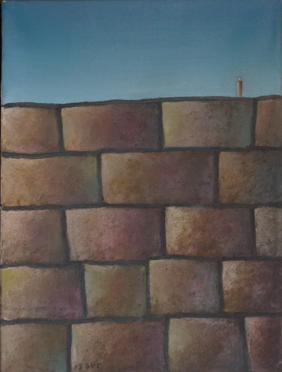 A painting of a brick wall with a clear blue sky above and a small chimney or smokestack in the distance on the right.