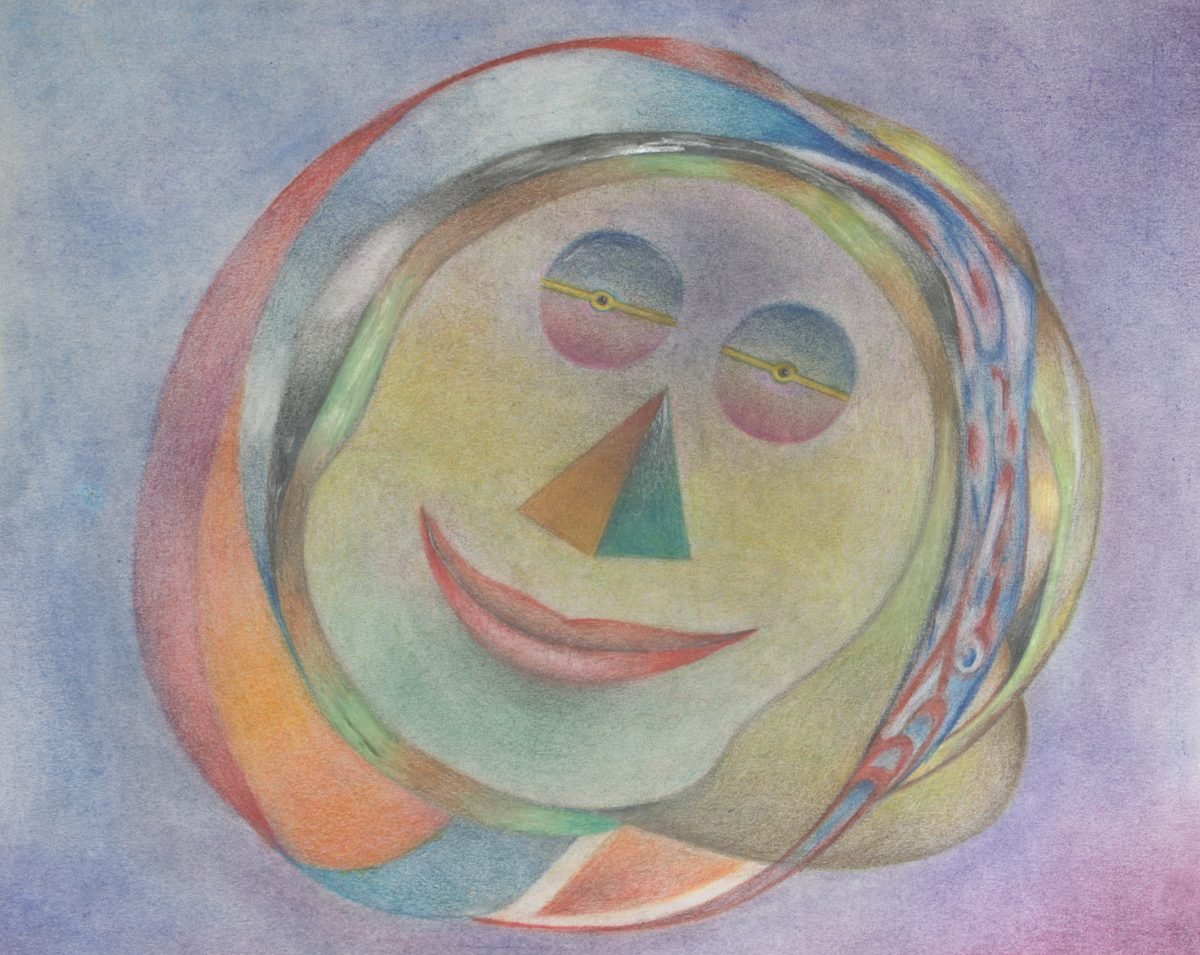 Colorful abstract drawing of a face with a big smile, triangular nose, and eyes with gauges, surrounded by swirling lines and soft pastel shades.