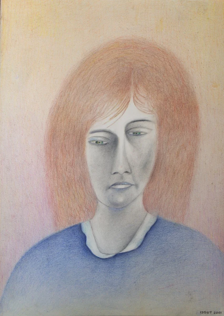 A drawing of a woman with red hair, wearing a dark blue shirt, with a sad or contemplative expression.