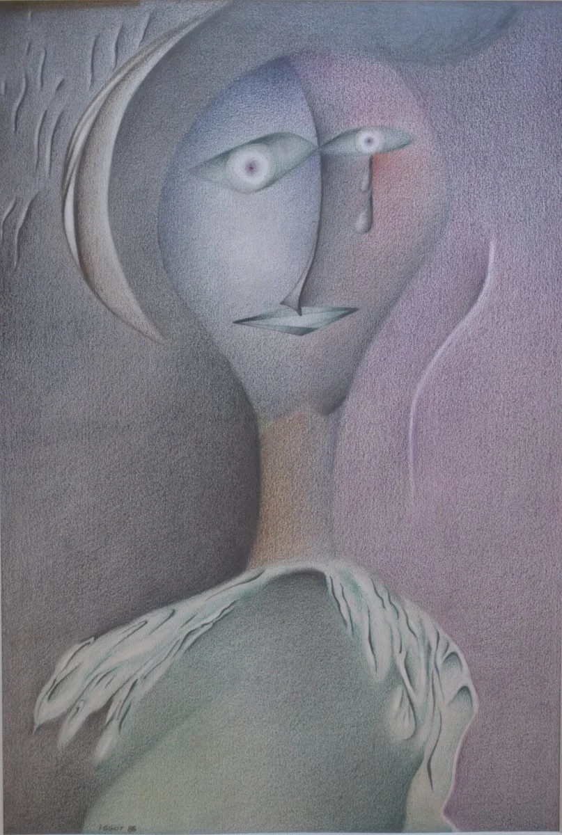 Abstract artwork featuring a stylized human face with simplified features, soft pastel colors, and flowing lines.
