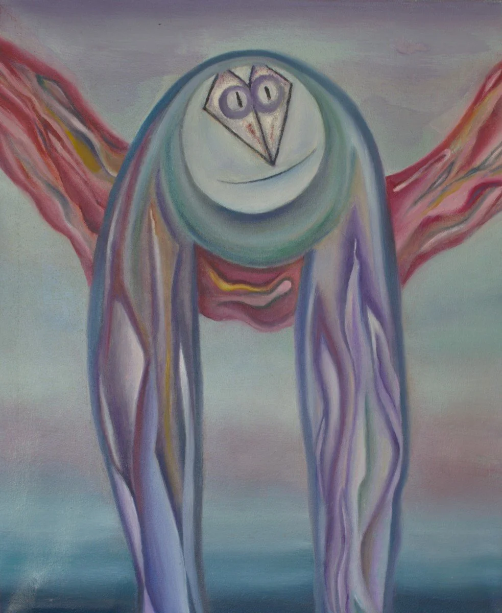 An abstract painting of a creature with a circular face featuring a simple smile, triangular eyes, and purple outlines. The body has elongated, colorful limbs extending outward, set against a soft, pastel background with muted colors.