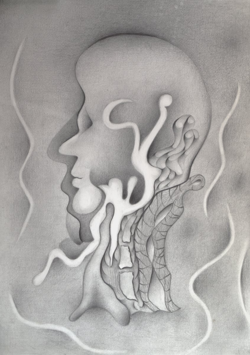 A surreal drawing of a human face in profile, integrated with organic shapes resembling intestines and internal organs, with abstract lines.