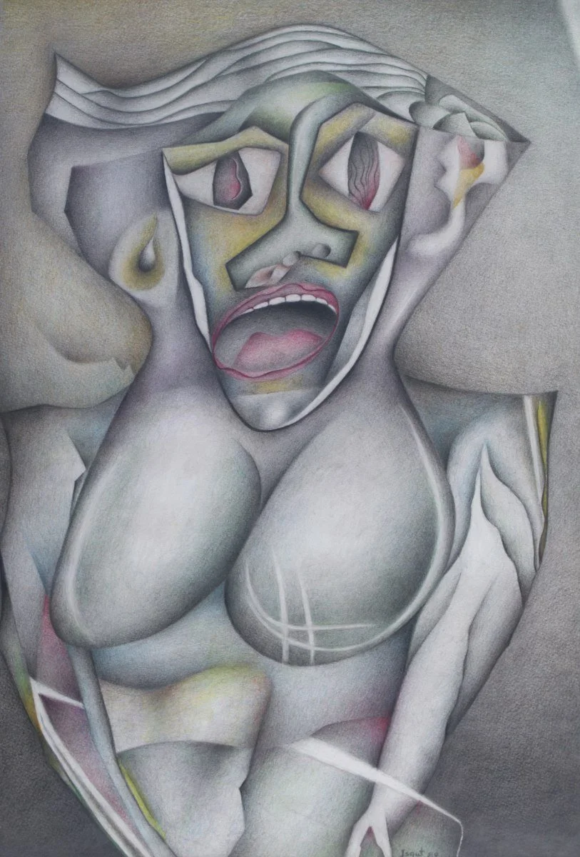 Abstract painting of a distressed woman with exaggerated facial features, large breasts, and a wide-open mouth, rendered in soft pastel colors with distorted, surreal lines.