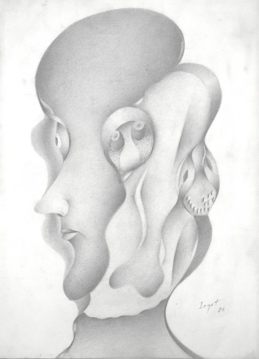 Black and white drawing of a woman's profile with abstract facial features and shapes blending into her hair