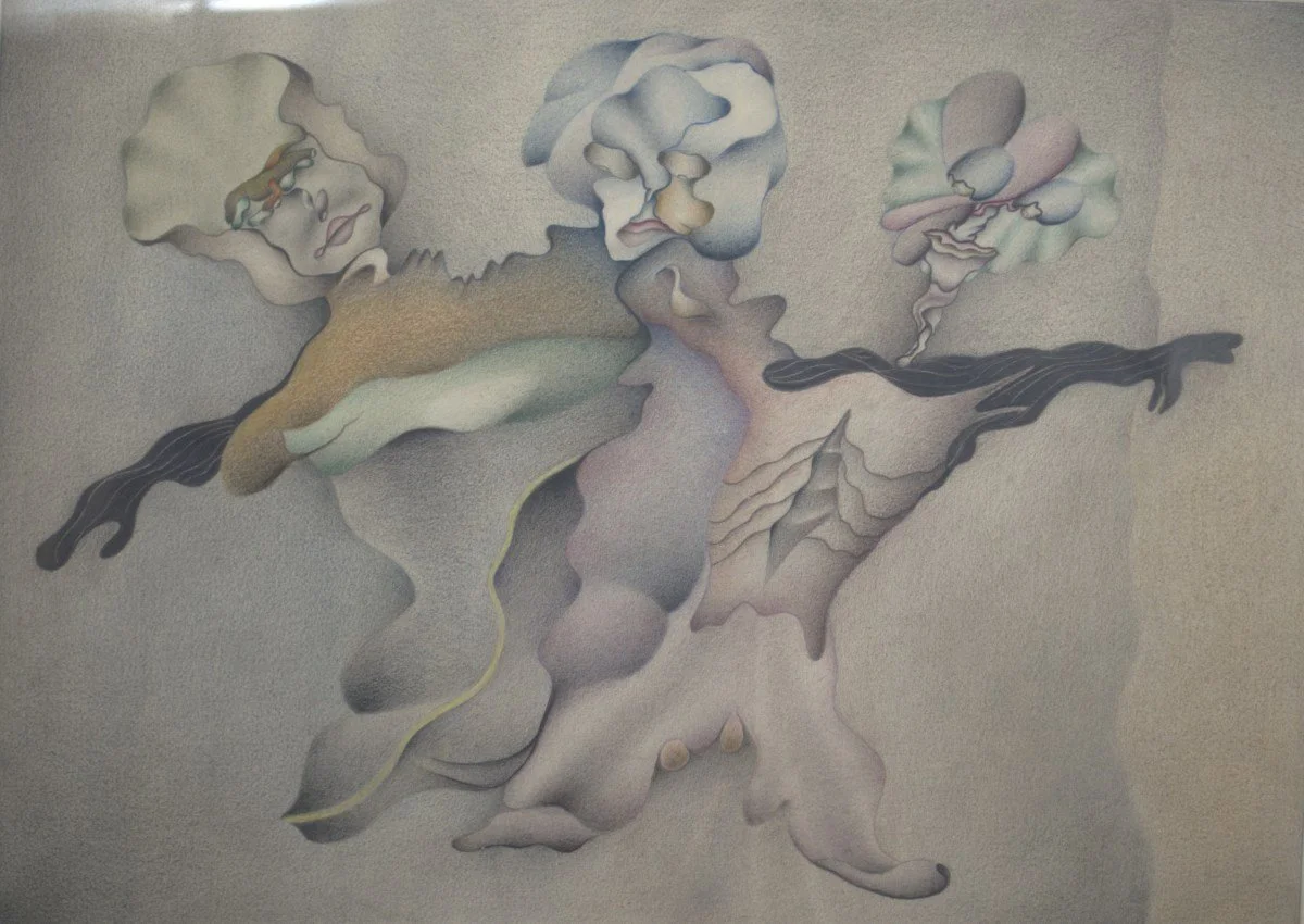 Abstract artwork featuring fluid, organic shapes and muted pastel colors, resembling faces and figures with flowing lines.