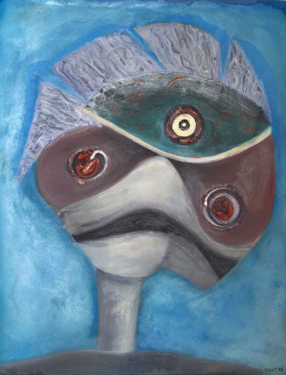 Abstract painting of a face with three eyes, one large eye at the top and two smaller eyes below, set against a blue background.