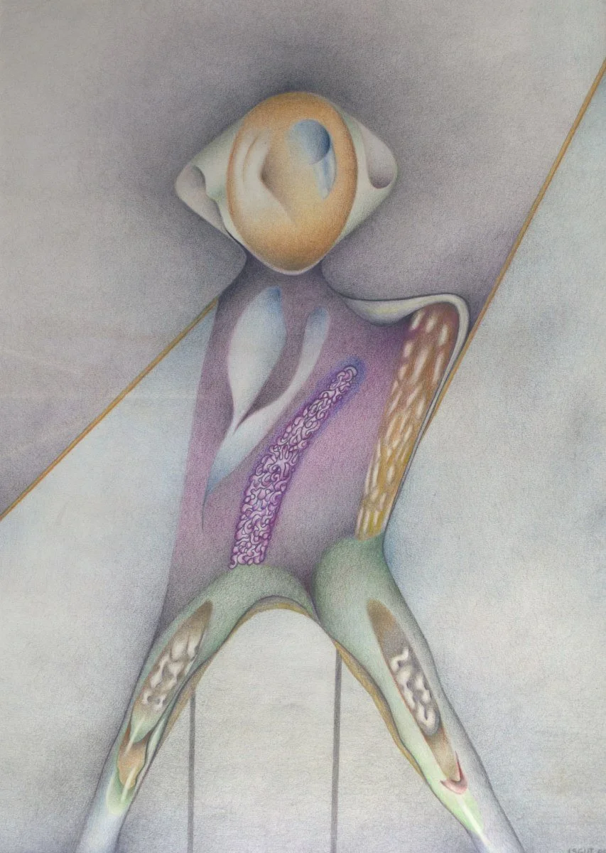 A surreal, abstract painting featuring a humanoid figure with an oversized, face-like head and elongated limbs. The figure has a large, round eye and various textures and colors on its body, set against a plain background.