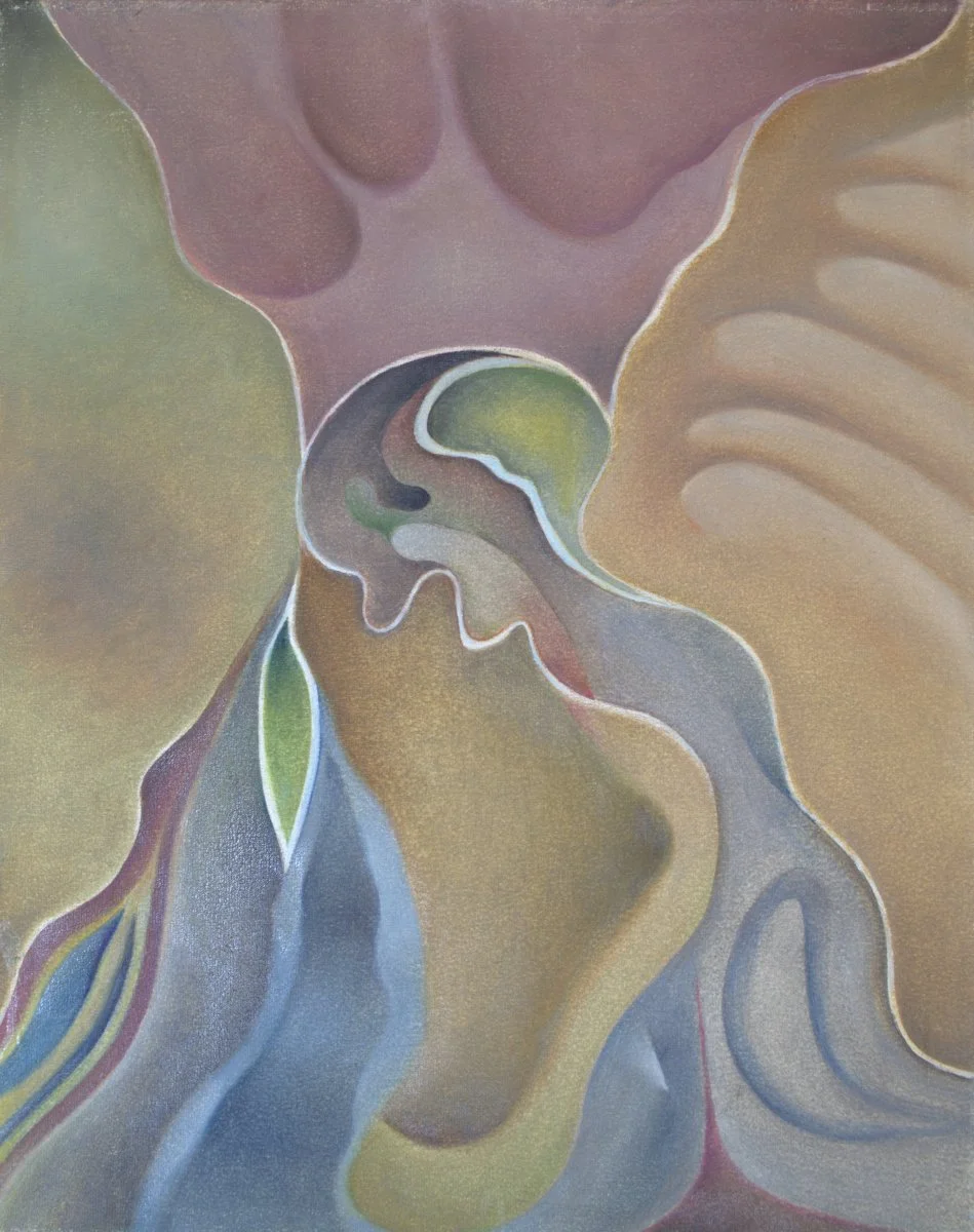 Abstract painting with soft, flowing curves in shades of green, purple, yellow, and blue.