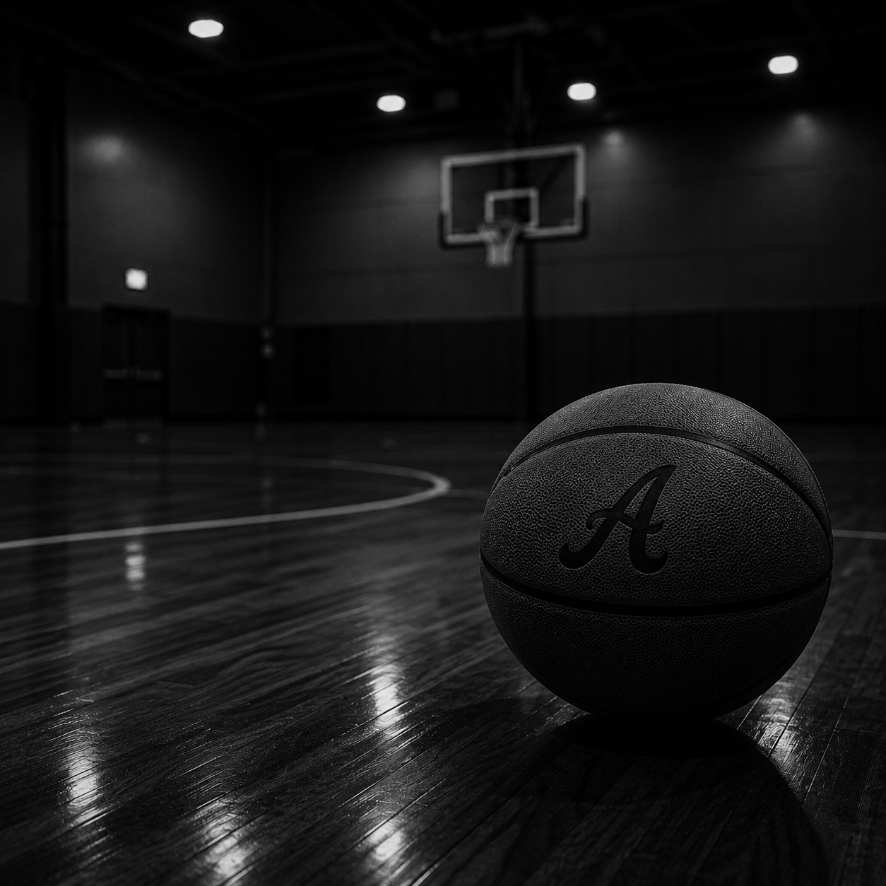 A basketball with a letter A on it positioned on a wooden court inside a gymnasium, with a basketball hoop in the background.