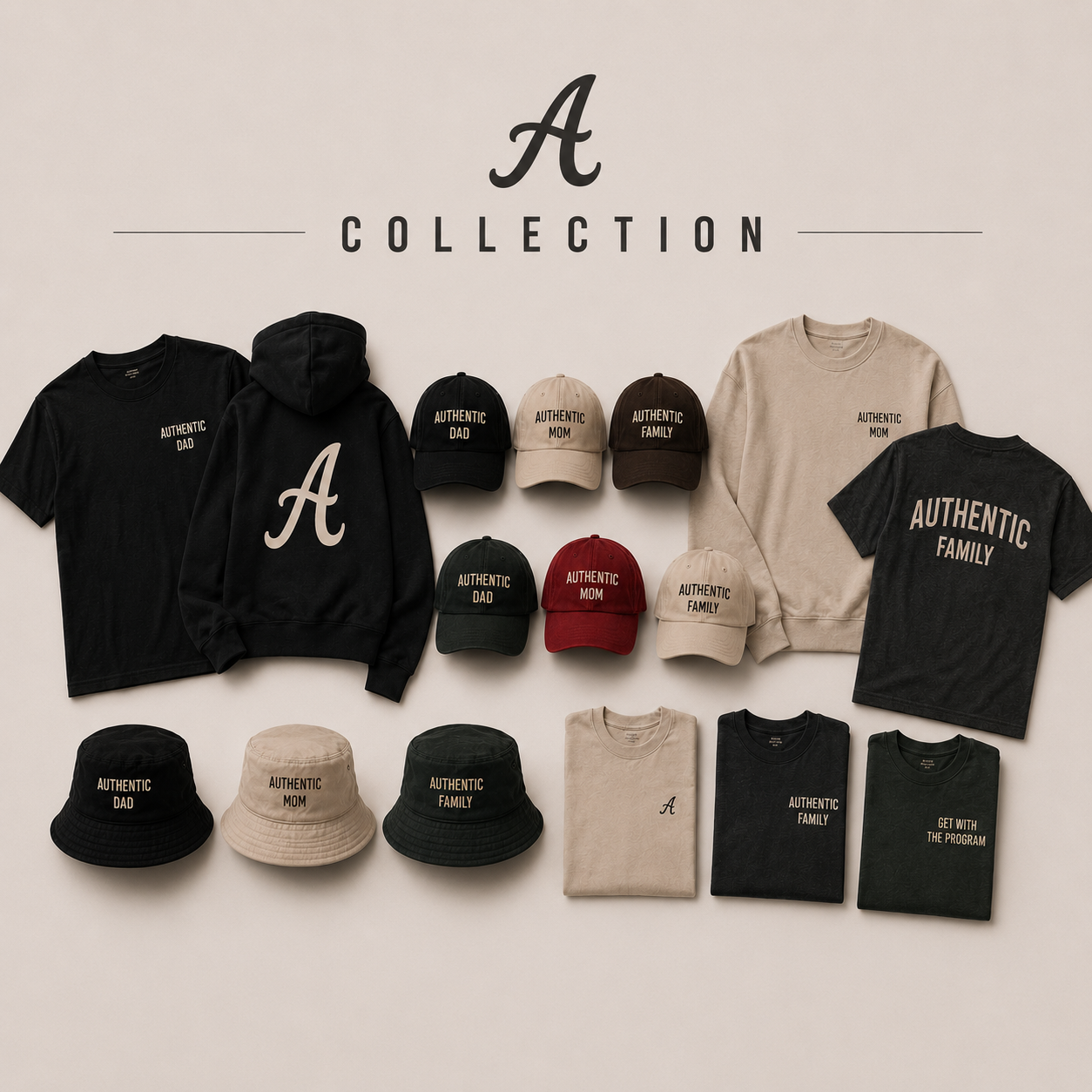 Collection of black, beige, red, and green caps and T-shirts with phrases like 'Authentic Dad,' 'Authentic Mom,' 'Authentic Family,' and a black hoodie with a large cursive letter 'A'.