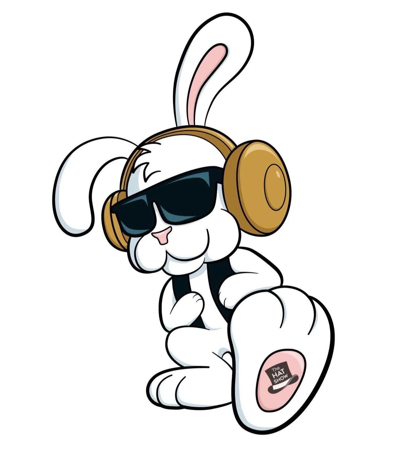 Cartoon white rabbit wearing black sunglasses and large headphones, with one foot raised showing a logo on its sole that reads 'The Hat Show'.