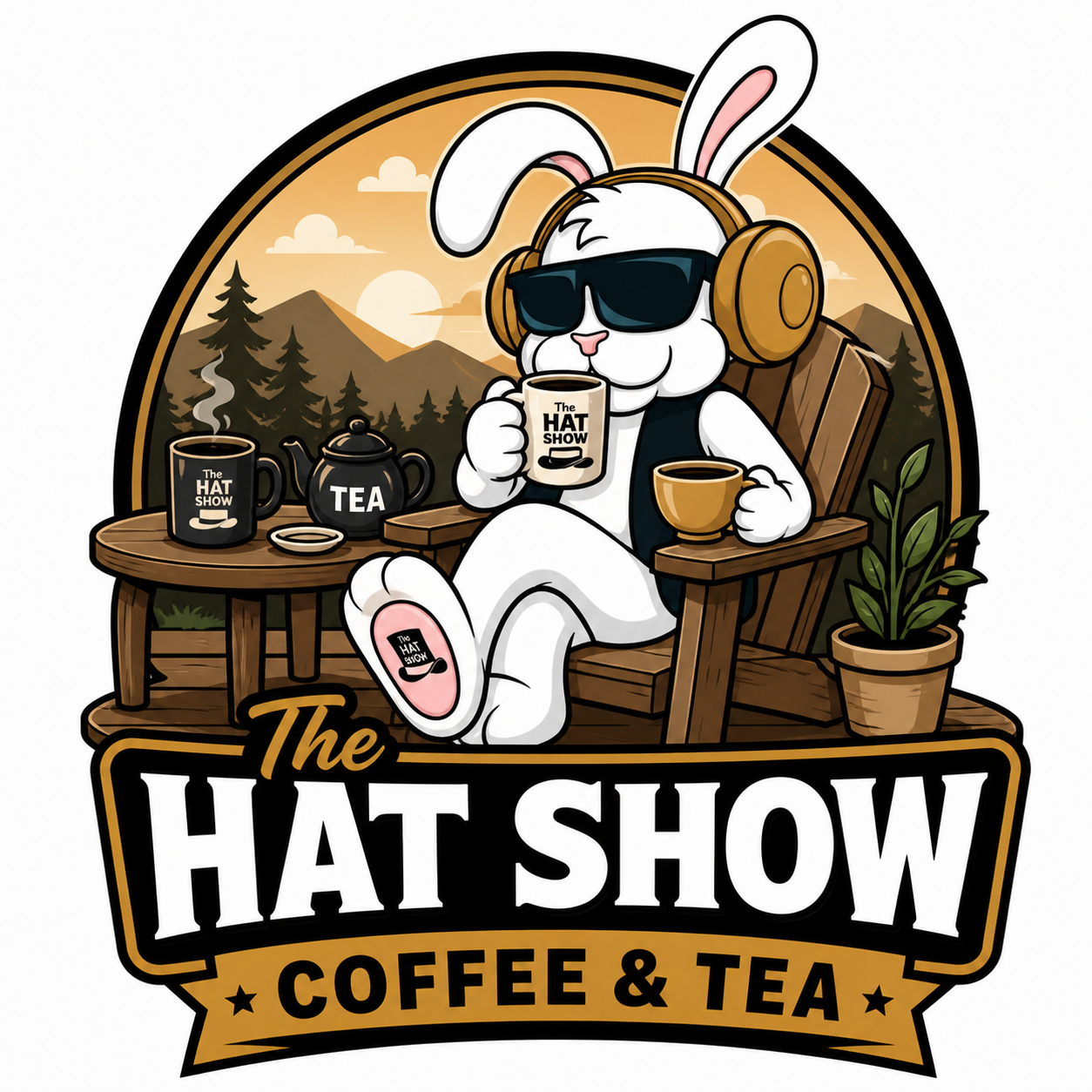 A cartoon rabbit wearing sunglasses and headphones sitting outdoors on a wooden deck, holding a coffee mug. There is a potted plant, a tea pot, and two more coffee mugs on the table, with a sunset over mountains and trees in the background. The logo reads 'The Hat Show Coffee & Tea'.