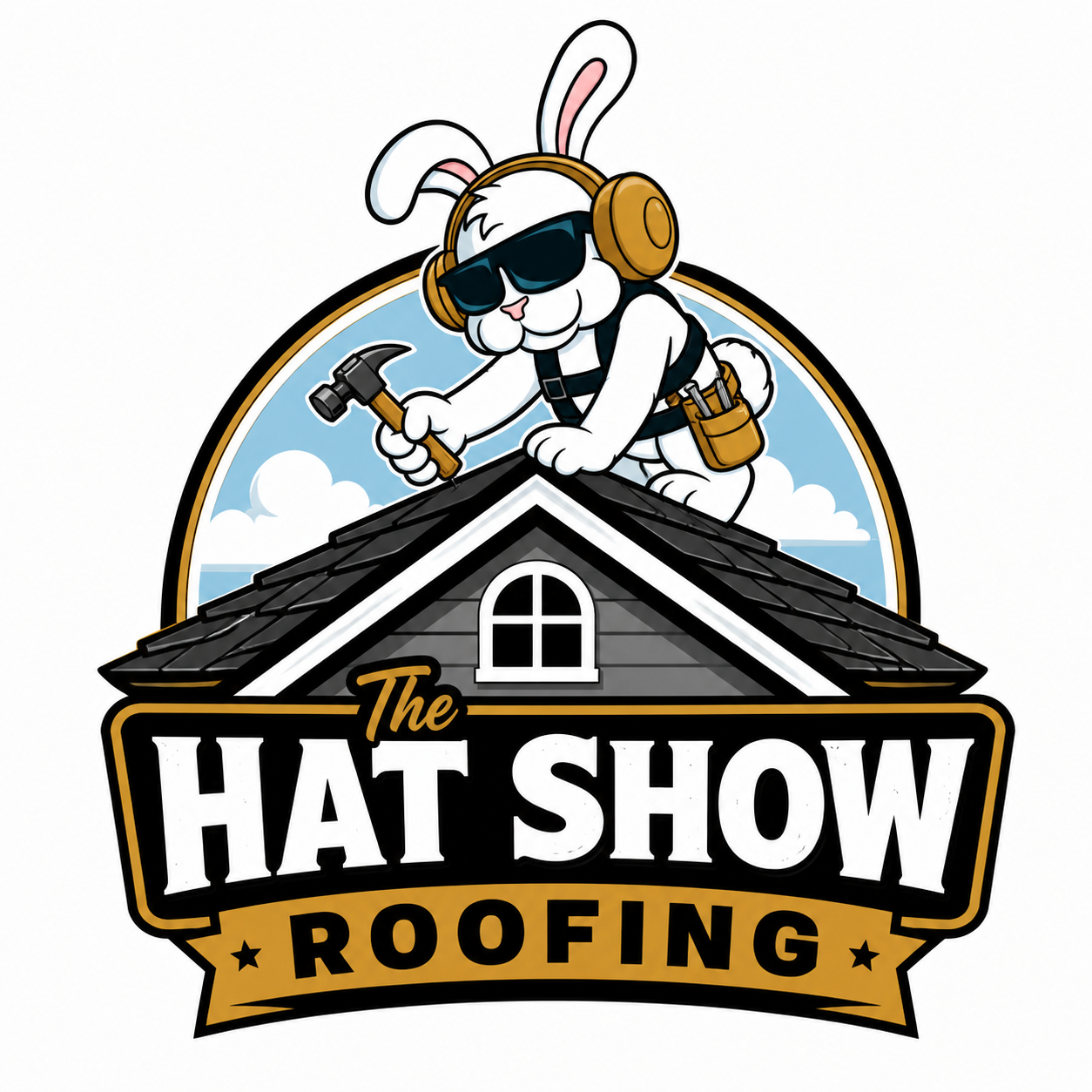 A cartoon rabbit wearing sunglasses, a black safety vest, and headphones, holding a hammer while working on a house roof. The image features a banner reading "The Hat Show Roofing" with a house roof and sky in the background.