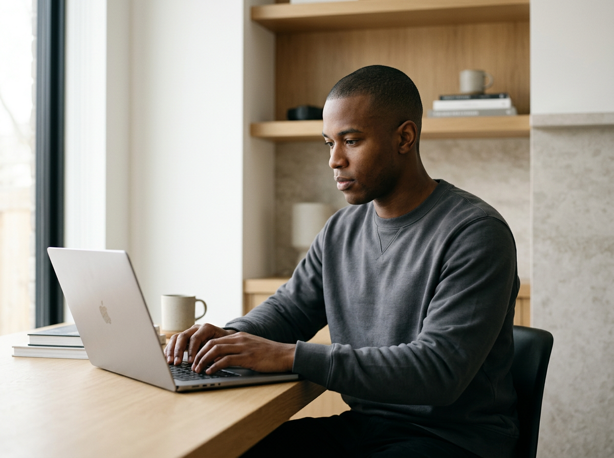 Young man working on a silver laptop at a wooden table in a bright room.