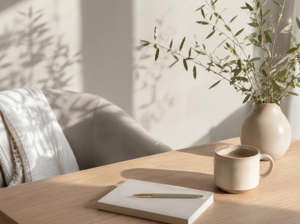 A cozy wooden desk with a beige ceramic mug, a white notebook, and a gold pen. A large beige vase with green leafy branches is on the desk. A light-colored sofa with a textured throw pillow is in the background, with sunlight casting shadows on the wall.
