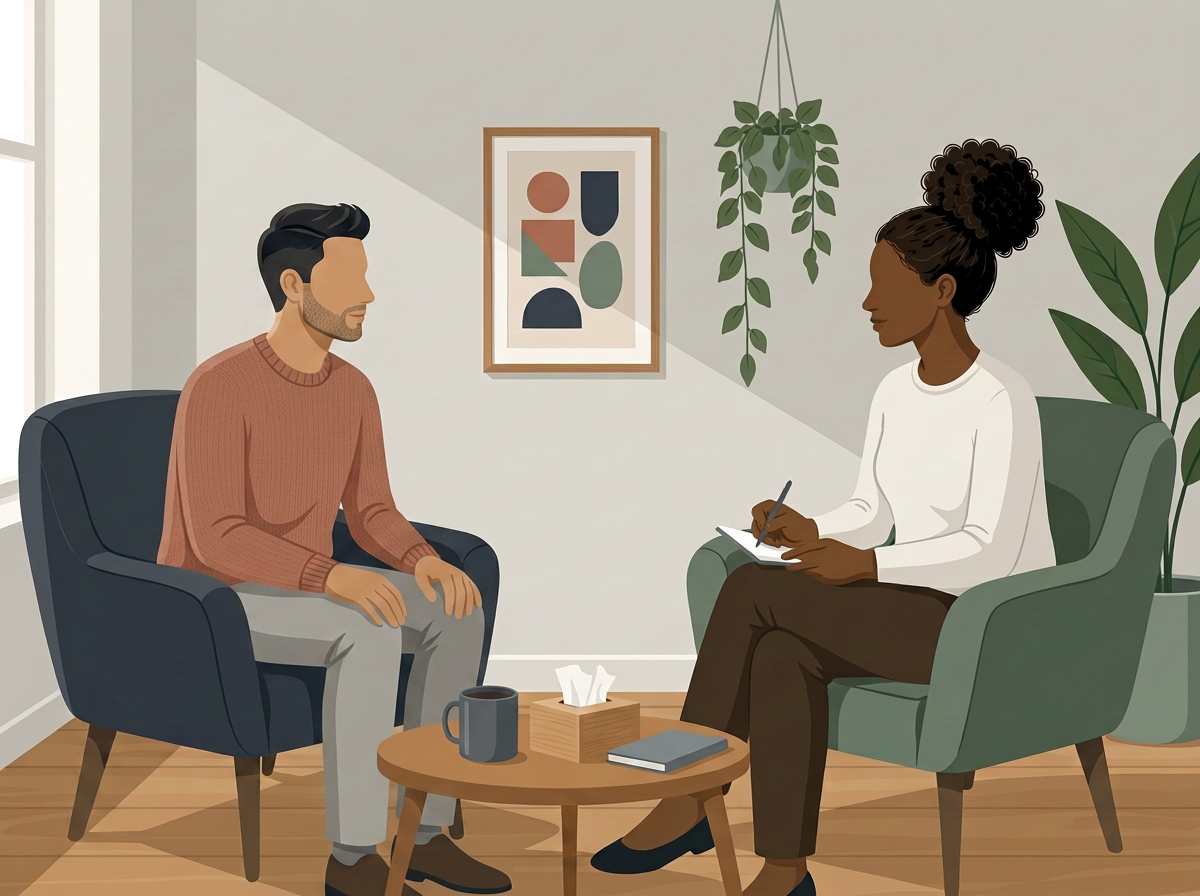 A therapist and a client in a therapy session in a cozy room with plants and artwork.