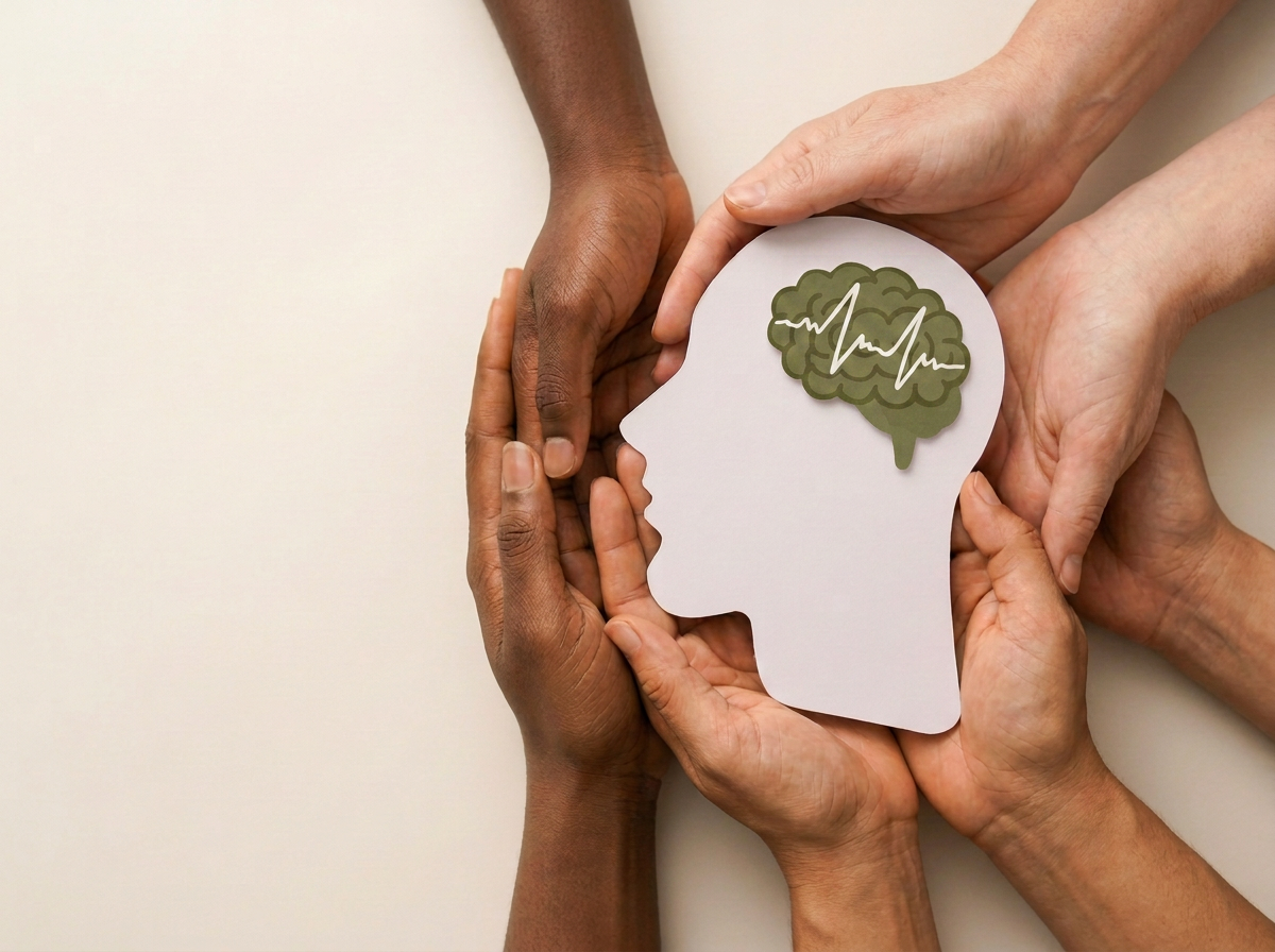 Multiple hands of different skin tones hold a paper cutout of a human head with a brain illustration inside that has a heart rate line.