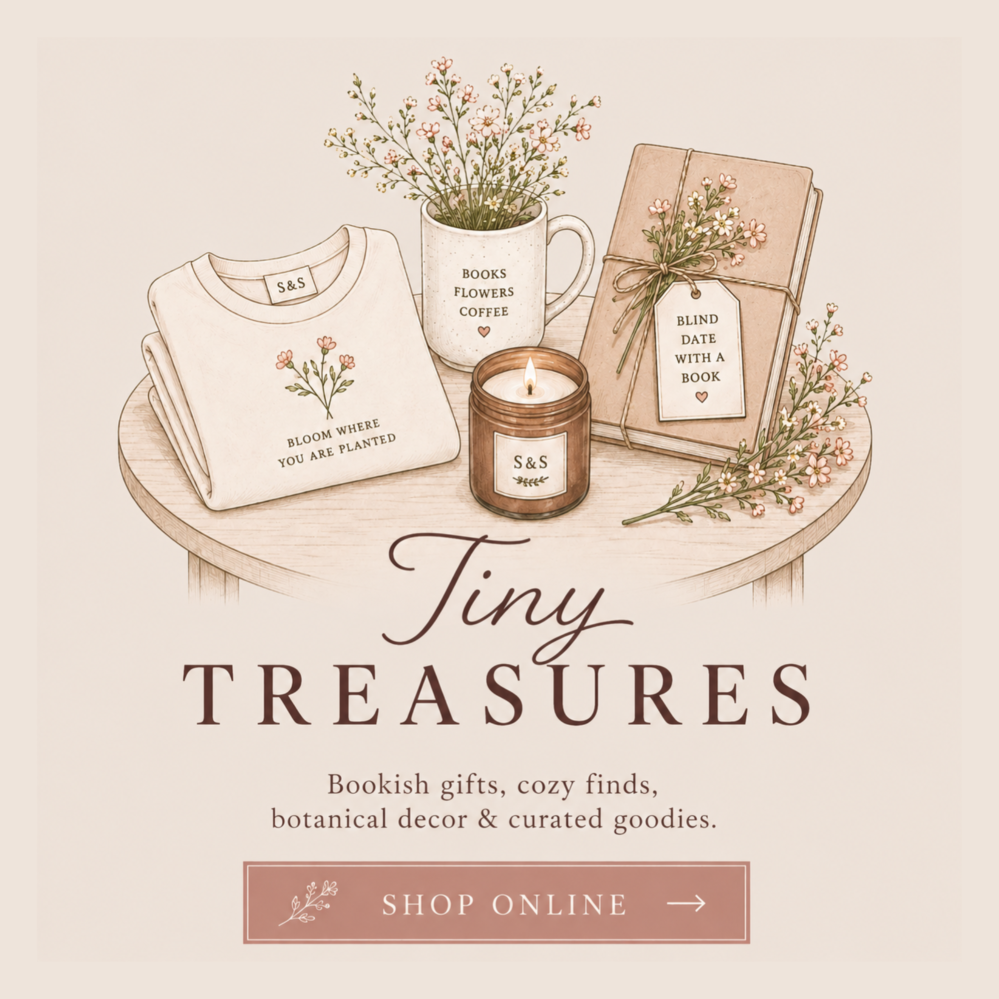 Decorative display of books, flowers, coffee, and candles on a table with promotional text about stylish gifts, cozy finds, botanical decor, and curated goodies, with a soft pastel background.