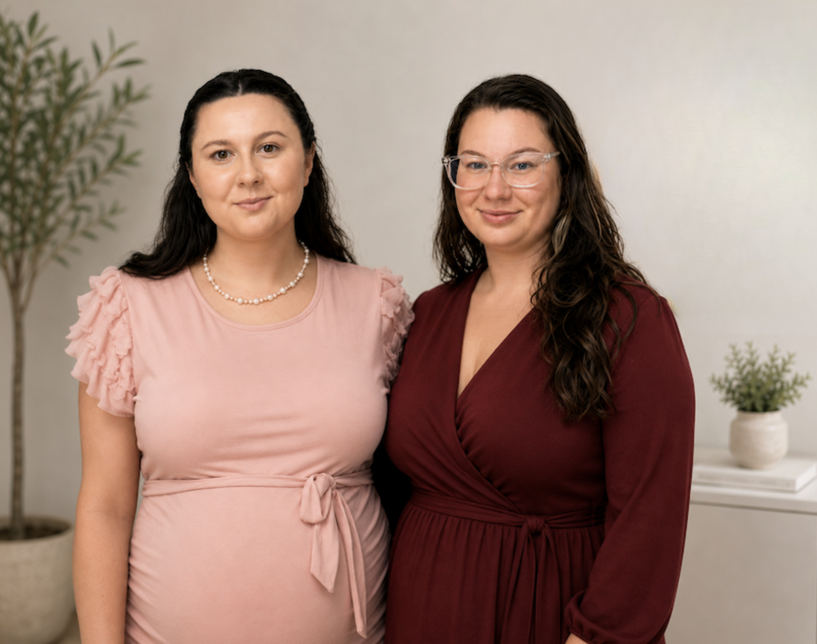 Two women standing close together indoors, smiling at the camera. The woman on the left is wearing a pink dress with ruffled sleeves and a pearl necklace. The woman on the right is wearing a maroon dress with glasses. There are two potted plants, one on each side of the women, in the background.