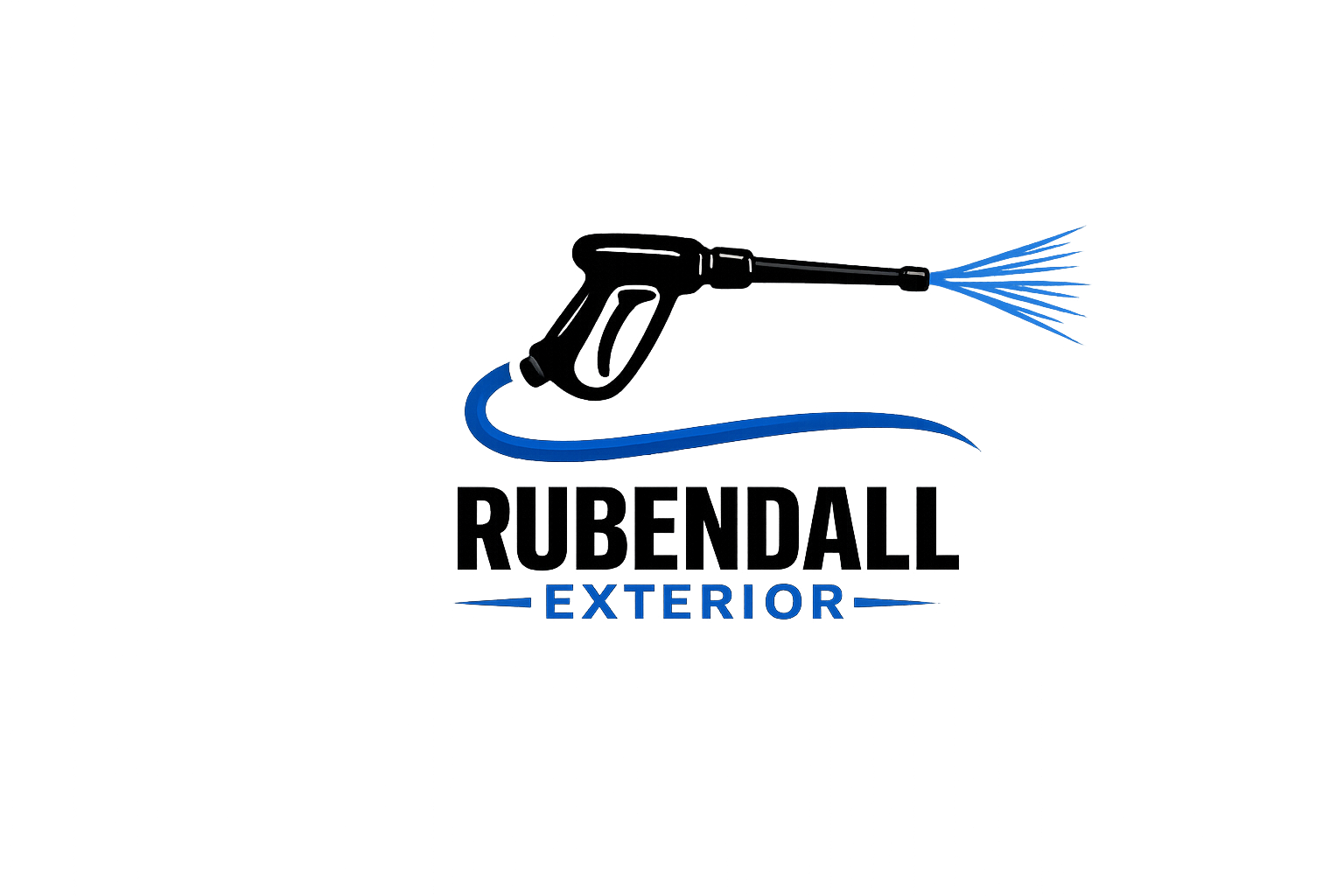 Close-up of a blue pressure washer spray nozzle with a black handle, spraying water onto a surface, with text 'Residential Exterior' visible in the background.