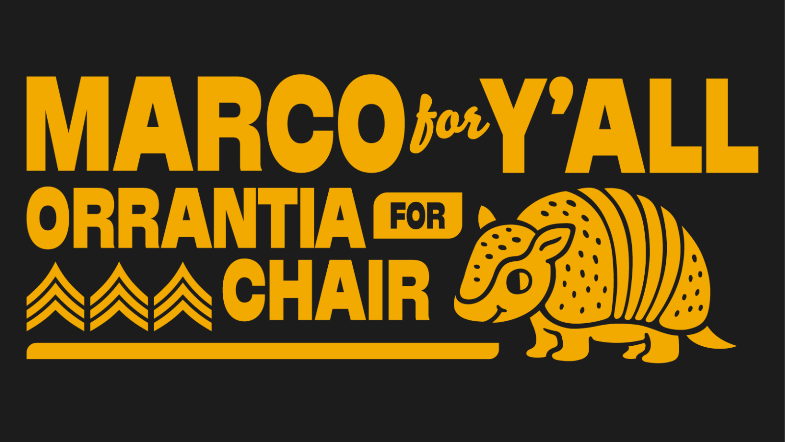 Yellow text on a black background reads "Marco for Y'all" and "Orrantia for Chair," with a stylized armadillo illustration and a chevron pattern signifying the candidate, Marco Orrantia, as an Army Sergeant.
