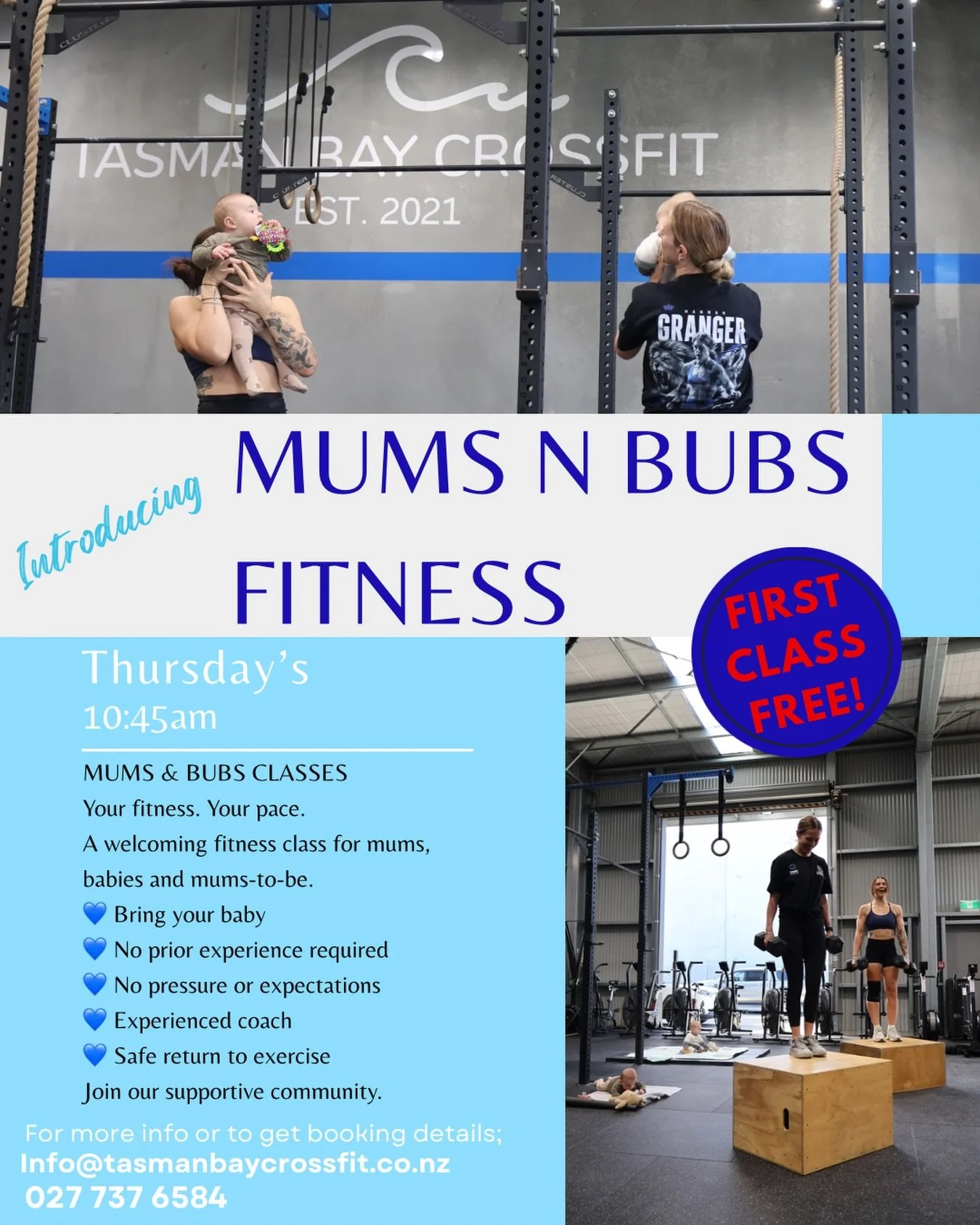 ✨ Mums &amp; Bubs is here! 🤍

Starting Thursday 6th August, we&rsquo;re excited to launch our brand new Mums &amp; Bubs classes at Tasman Bay CrossFit!

Every Thursday 10:45am-11:45am (Starting August 6th) 

Whether you&rsquo;re a new mum wanting to