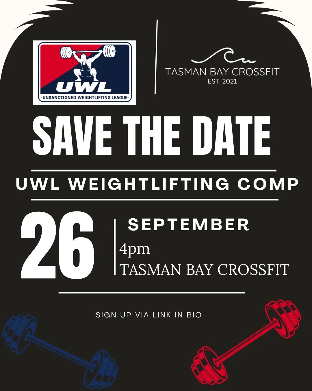 SAVE THE DATE! - 
📅 SATURDAY SEPTEMBER 26th 
⏰ 4pm 
📍 TASMAN BAY CROSSFIT - 3 Estuary Place

Ever thought about giving a weightlifting comp a go but not sure where to start? or maybe you&rsquo;re a bit nervous to get on stage? THIS IS YOUR CHANCE!!