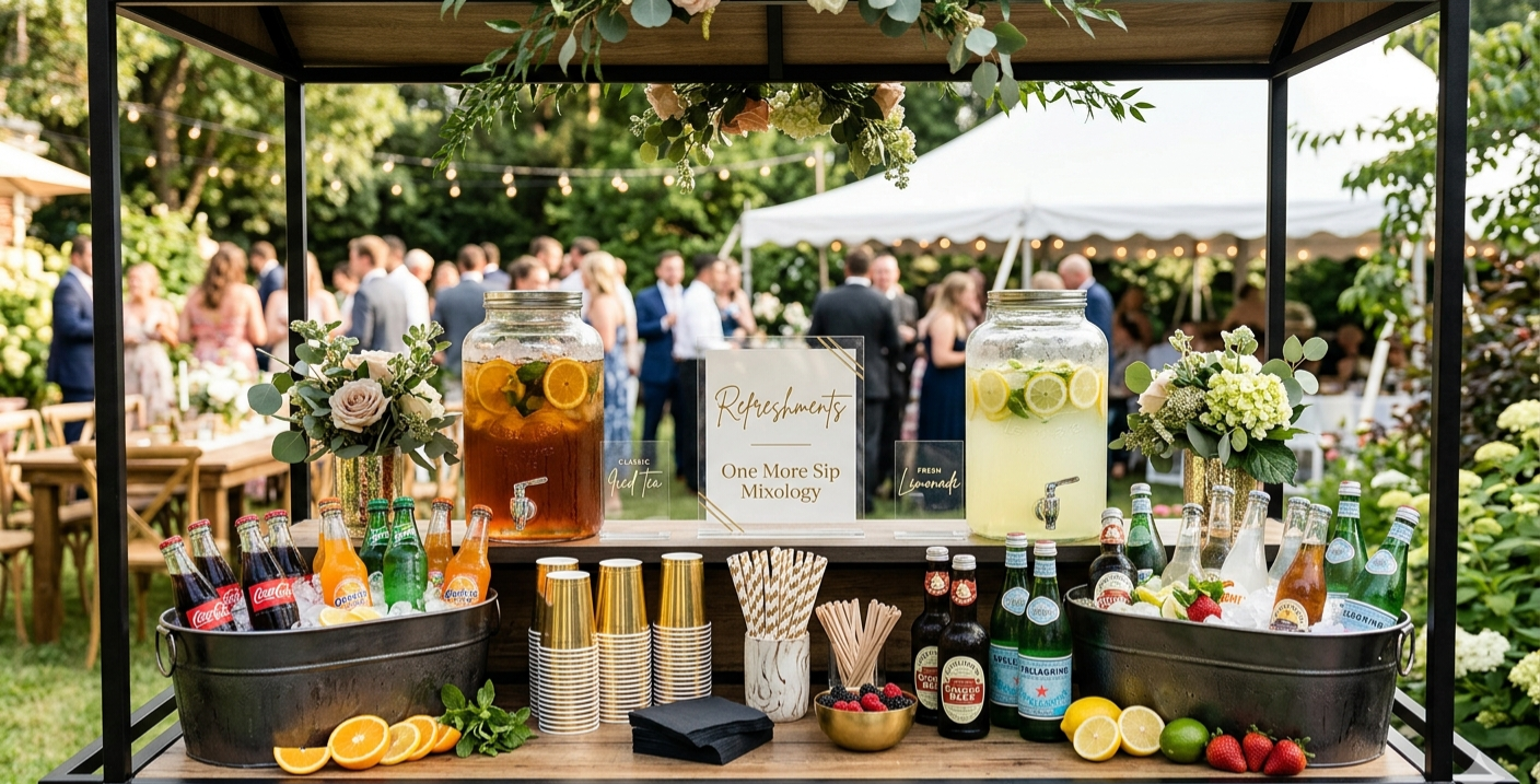 A beverage station at an outdoor gathering with jars of infused water, soda bottles, cups, and fresh fruit, with a crowd of people socializing in the background.