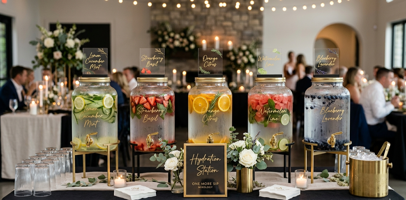 A hydration station with five large glass dispensers filled with infused water, labeled with different flavors such as Lemon Cucumber Mint, Strawberry Basil, Orange Citrus, Watermelon Lime, and Blueberry Lavender, set on a table at a formal event with guests seated in the background.
