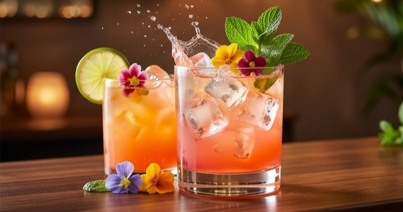 Two colorful cocktails with ice, garnished with lime, mint, and edible flowers on a wooden surface.