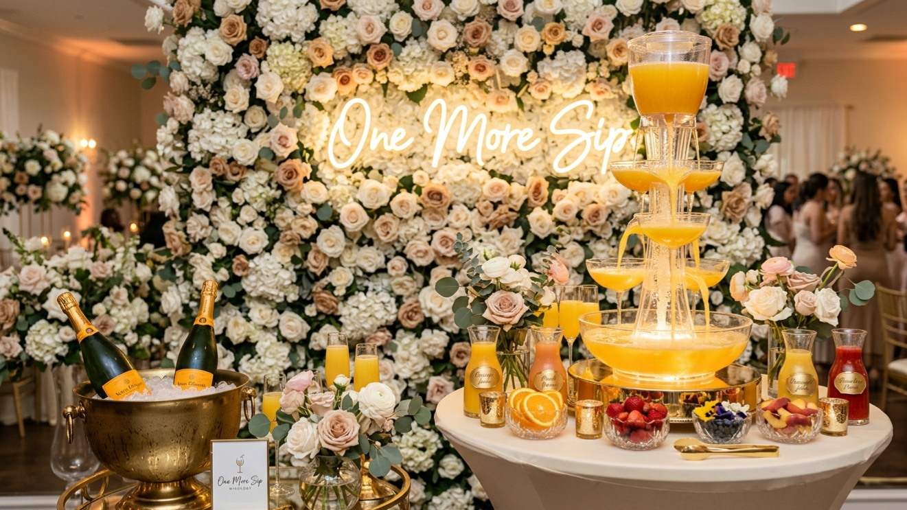 A wedding dessert table with a floral backdrop, featuring a tiered orange juice fountain, bottles of champagne in an ice bucket, and various fruit garnishes. A neon sign reads 'One More Sign'.