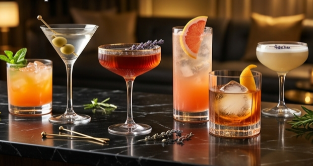 Six different colorful cocktails on a dark marble bar with garnishes and drink stirrers.