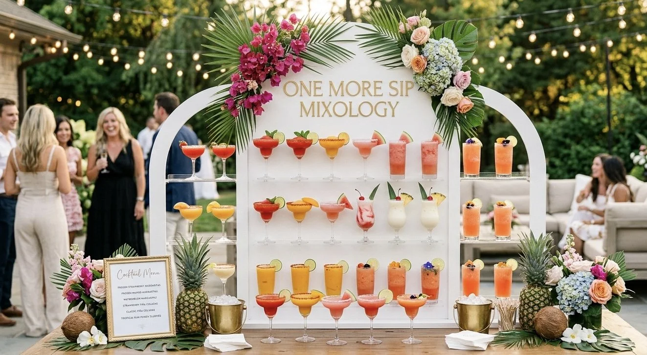 A colorful display of cocktails on a tray at an outdoor party, with guests in the background.