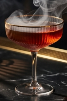 A cocktail glass filled with a dark red beverage, topped with smoke rising from the drink, set on a dark countertop.
