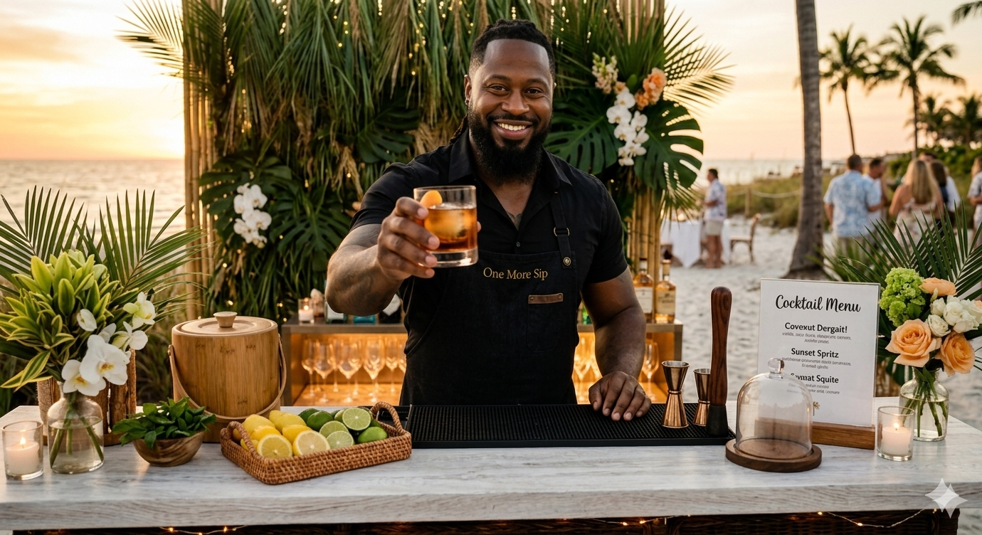 A smiling bartender with dark hair and a beard holding a cocktail in front of a beach sunset. The bar is decorated with tropical plants, flowers, and a cocktail menu, with guests in the background on the beach.