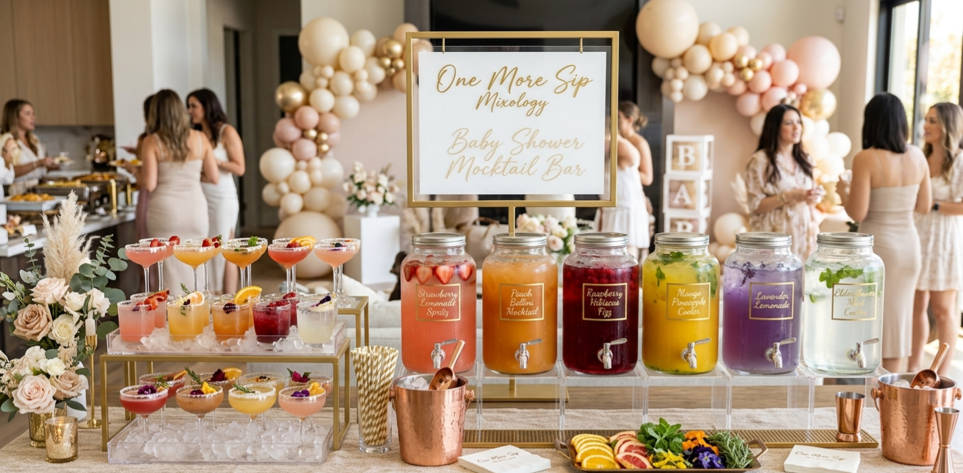 Baby shower setup with a variety of colorful mocktails in jars and glasses, floral decorations, and a sign that reads 'One More Sip Mixology Baby Shower Mocktail Bar.'