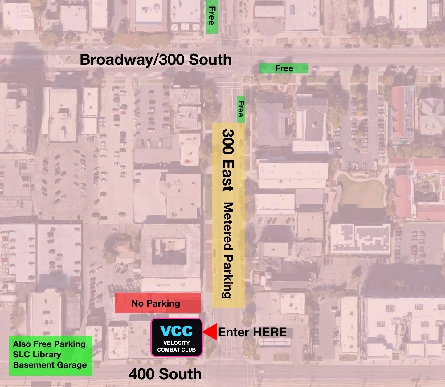 Parking map: free 2-hour spots near 300 South and 300 East, metered parking on 300 East, free parking in the SLC Library basement garage on 400 South, and the gym entrance on 300 East.
